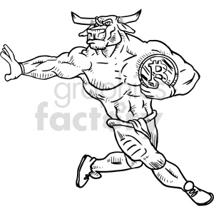 The clipart image depicts a muscular anthropomorphic bull standing on two legs, with one arm extended forward and the other bent at the elbow holding a Bitcoin symbol. The bull's physique is prominently muscular, displaying exaggerated bodily features that emphasize strength and power. The bull's facial expression shows determination, and there are horns on its head which is typical of a bull.