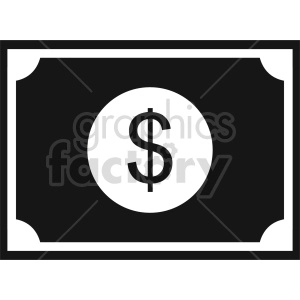 A black and white clipart of a dollar bill with a dollar sign in the center.