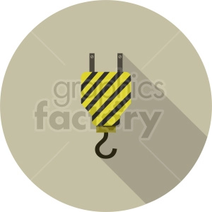 Clipart image of a construction crane hook with yellow and black diagonal stripes, depicted in a flat design style within a circular background.