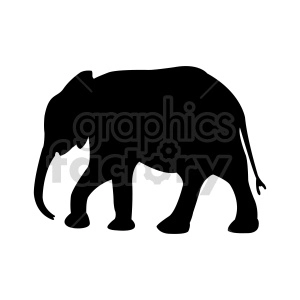 The image is a simple black silhouette of an elephant. The elephant is depicted in a side profile, displaying its notable trunk, large ears, and sturdy legs.