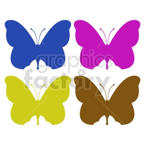 This clipart image features four stylized butterflies in different colors: blue, pink, yellow, and brown. Each butterfly is depicted with both wings spread and has a simple design with no intricate patterns on the wings.