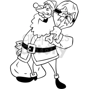 black and white cartoon Santa holding gift bag clipart