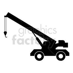 Silhouette of a mobile crane with an extended boom and a hook.