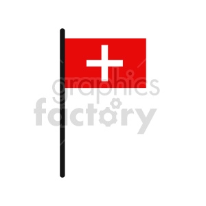 The image is a clipart depiction of the national flag of Switzerland. It features a red field with a white cross in the center. The flag is mounted on a black flagpole on the left side.