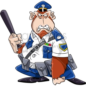 A cartoon illustration of an angry, muscular gorilla dressed as a police officer. The gorilla is wearing a police uniform, including a hat and badge, and holding a police baton.