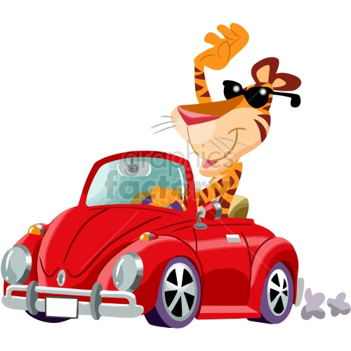 cartoon tiger driving red car clipart