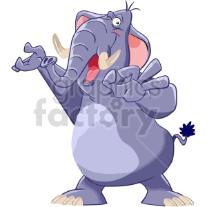 The clipart image shows a cartoon-style elephant, with gray skin, a large trunk, floppy ears, and tusks. The elephant is depicted in a standing position, with all four legs visible and its tail raised slightly. The style of the image is simple and cute, with bold outlines and bright colors.
