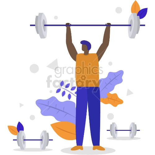 The clipart image depicts an African American person lifting weights. The image is a vector graphic, which means it is made up of geometric shapes and can be scaled without losing quality.
