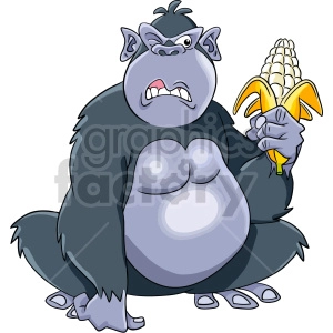 The image is a clipart illustration that depicts a stylized cartoon gorilla. The gorilla is sitting and appears to be grumpy or annoyed, with a scowl on its face. It has large eyes and a prominent brow. The gorilla is holding a partially peeled ear of corn in one hand.