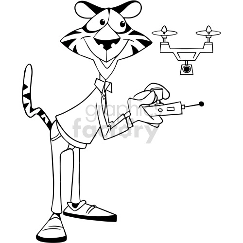 black and white cartoon tiger flying drone clipart
