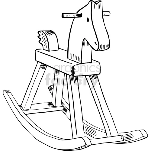 This clipart image is a black and white vector graphic of a rocking horse toy.
