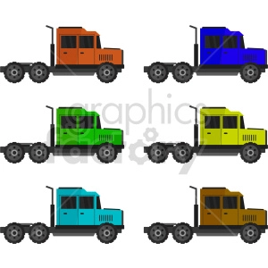 The clipart image features six semi truck illustrations in different colors: orange, blue, green, yellow, turquoise, and brown. Each truck is depicted in a side view.