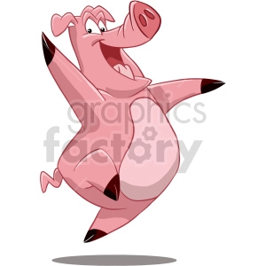The image is a clipart of a happy, anthropomorphic pig dancing or jumping joyfully. The pig has a wide grin on its face and is in a dynamic pose that gives the impression of movement or dancing.