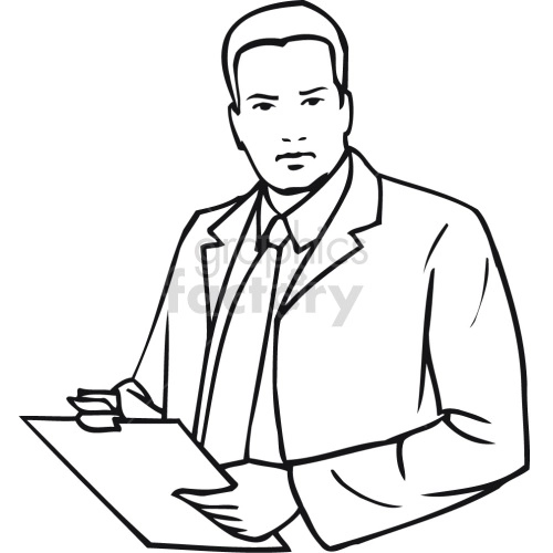 The image shows a man in a suit and tie, holding a clipboard in one hand. He is looking towards the viewer and not the clipboard