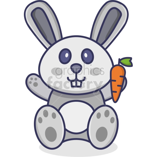 The image is a cute illustration of a stylized bunny rabbit holding a carrot. The rabbit has large eyes, prominent ears, and is smiling. The color scheme is primarily grey and white, with touches of orange and green on the carrot.
