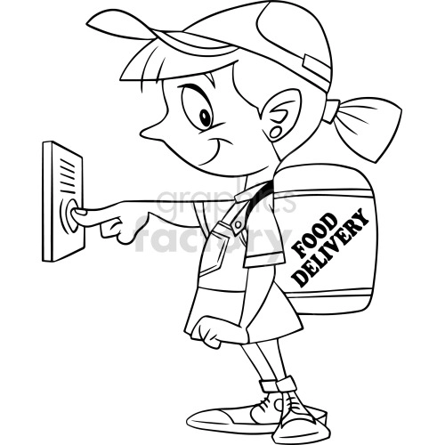 A black and white clipart image depicting a young delivery person wearing a cap and backpack labeled 'FOOD DELIVERY', pressing a doorbell.