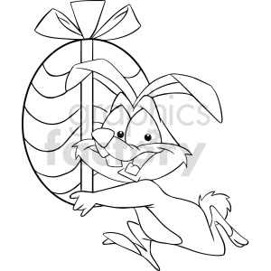 black and white cartoon easter bunny running with egg clipart