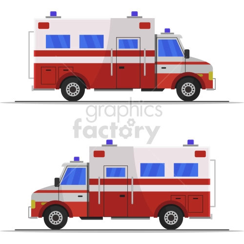 Clipart image depicting two views of a red and white ambulance with blue lights, side by side.