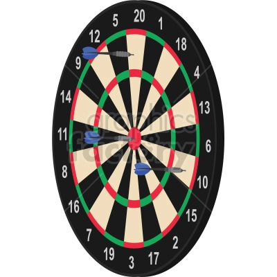 Clipart image of a dartboard with three darts stuck on it, two close to the center bullseye and one at the number 9 segment.