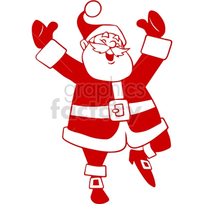 This clipart image features a joyful Santa Claus dressed in his traditional red and white outfit, with a large beard and mustache, wearing a Santa hat. Santa is depicted in a happy pose with raised arms, spreading festive cheer.
