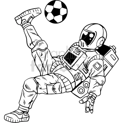 black and white astronaut playing soccer clipart