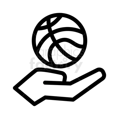 A clipart image of a hand holding or tossing a basketball. The design is minimalist, with simple black lines on a white background.