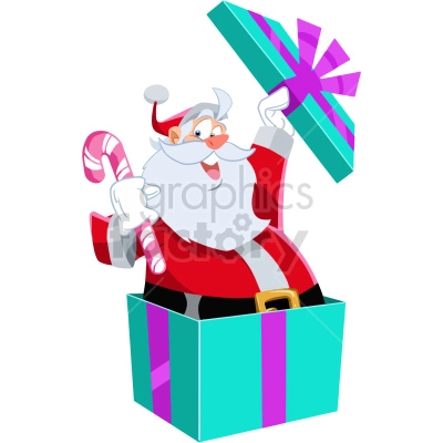 A cheerful Santa Claus popping out of a gift box while holding a candy cane and removing the lid of the box, decorated with festive colors.