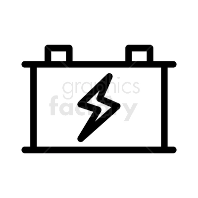 A black and white clipart image of a car battery with a lightning bolt symbol in the center.