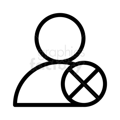A simple black and white clipart image showing an outline of a person with a circle and an 'X' mark next to them, indicating a concept of user cancelation, prohibition, or restriction.