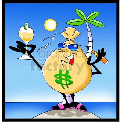 The clipart image shows a cartoon money bag character on vacation in a tropical location. The money bag is depicted wearing a pair of sunglasses, holding a drink with an umbrella in it and standing on a sandy beach with palm trees in the background.
