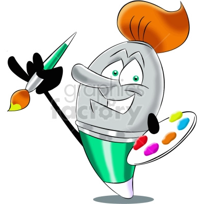 A cartoon paintbrush with a colorful brush and palette. The paintbrush has a playful expression and ginger hair and is engaging in painting.