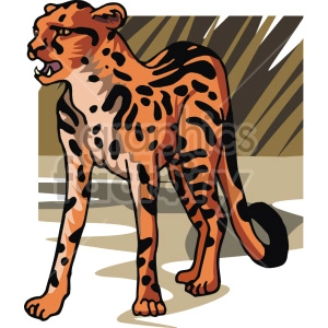 The clipart image depicts a leopard, one of the big cats, in a standing position with its right paw raised and its mouth slightly open. The image is colored in shades of yellow and brown with black spots, which is characteristic of leopard's fur pattern.
