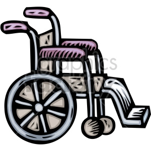 A clipart image of a wheelchair with large wheels, armrests, and a footrest. The color scheme includes shades of purple, gray, and white.