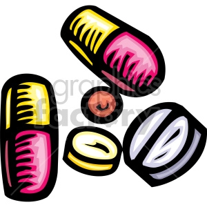 A colorful clipart illustration of various types of pills, including capsules and tablets.