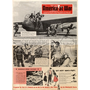 A vintage magazine page titled 'America at War' featuring various black and white photographs and illustrations related to wartime efforts. The images depict soldiers boarding a plane, engaged in conversation, operating machinery, and school children involved in war-related activities. The page includes descriptive text and encourages support for the war effort, prepared by Woolworth Stores for the U.S. Treasury.