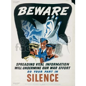 A vintage propaganda poster with the title 'Beware.' It features a large ear in the background, while three military personnel are seen conversing in the foreground. The poster carries the message 'Spreading vital information will undermine our war effort' and 'Do your part in silence.'