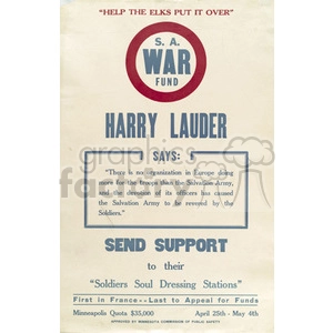 A poster promoting the Salvation Army War Fund, featuring a quote from Harry Lauder. It encourages support for the soldiers' soul dressing stations, with an appeal stating the significant contribution of the Salvation Army to the troops in Europe.