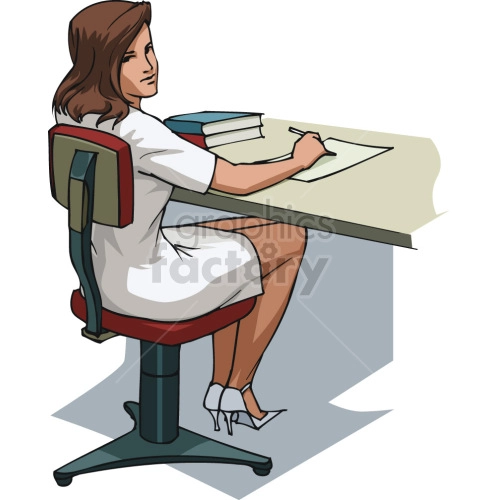 A professional woman in a white dress sitting on an office chair while writing at a desk. There are books stacked on the desk.