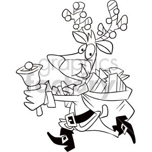 black and white cartoon reindeer dressed like santa running with bag of gifts coloring page