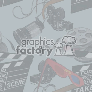 Clipart illustration featuring film-related items such as a movie camera, film reel, clapperboard, and 3D glasses.