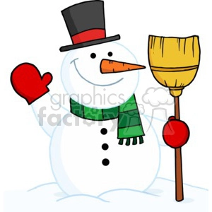 snowman in a red and black top hat wearing a green scarf and red mittens with broom in hand