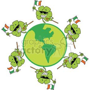 Happy Shamrocks Dancing on a Globe waving Flags of Ireland
