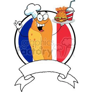 Banner Of A Hot Dog Chef Holder Plate Of Hamburger And French Fries In Front Of Flag Of France