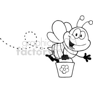 A playful cartoon bee with a happy expression flying with a bucket decorated with a flower, suggesting it is out collecting nectar 