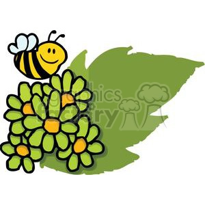 A cheerful, smiling bee flying near a bunch of green and yellow flowers, set against a large green leaf.