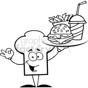 Cartoon Chefs Hat Character Holder Plate Of Hamburger And French Fries