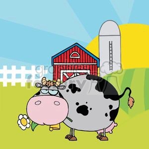 The clipart image features a funny and comical depiction of a cow standing in front of a traditional red barn with a white fence to the side. The barn is situated on a green hill under a bright blue sky. The cow has a whimsical expression and is holding a flower in its mouth. Its body is exaggerated in size, adding to the humorous effect of the image.