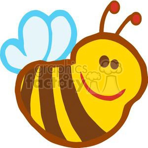 This is a clipart image of a cute, smiling bee with a yellow and brown striped body, blue wings, and red antennae tips.