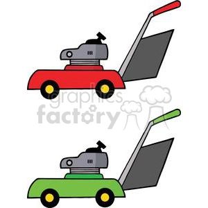 Clipart image showing two lawnmowers, one red and one green, each with a yellow wheel and a dark grey engine.