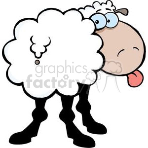 The image is of a cartoon sheep in the center of the frame. It is mostly white but has black legs. It is looking back and sticking its tongue out. The overall image has a whimsical and humorous feel.